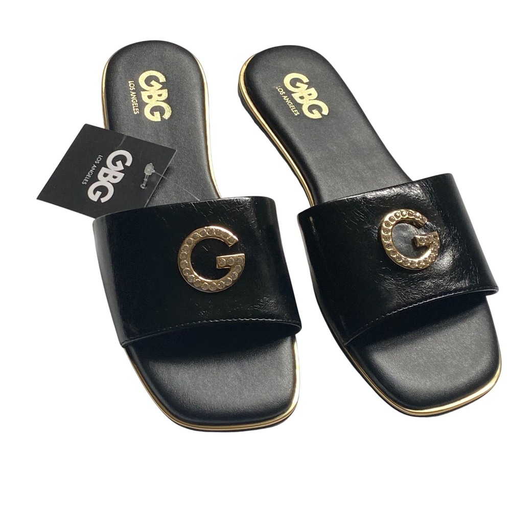 GBG Los Angeles Women Black Gold Logo Rhinestone Slide Sandals Size 8M NWT NEW